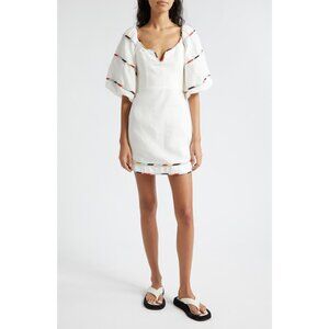 NEW FARAM RIO Stripe Trim Puff Sleeve Linen Mini DRESS SIZE S
